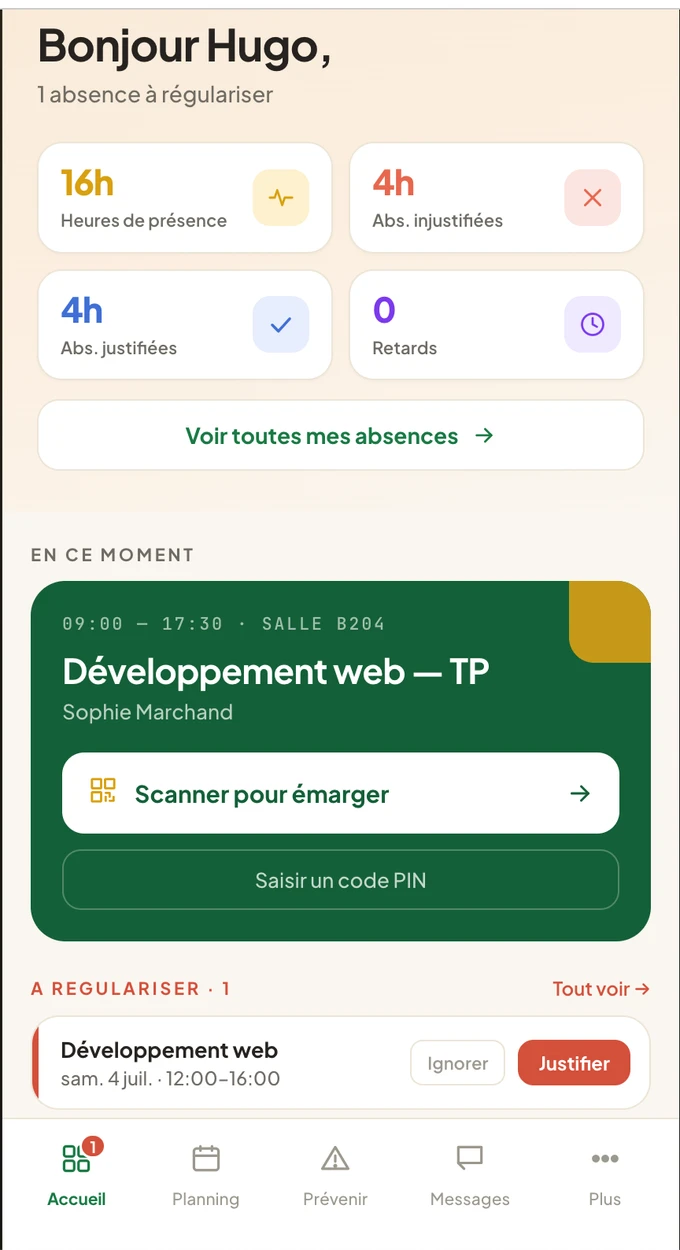 Application apprenant ScolaSign — accueil complet : compteurs d'assiduité, séance en cours à émarger et absence à régulariser