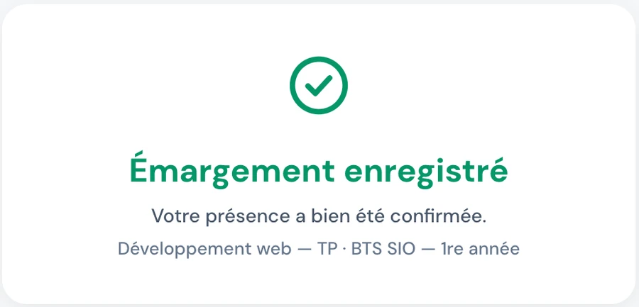 Confirmation ScolaSign : « Émargement enregistré » après ouverture du lien à usage unique reçu par email