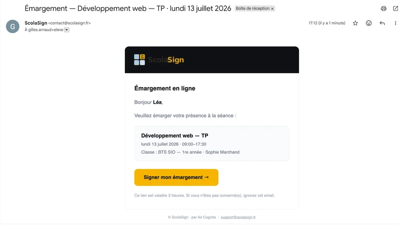 Email d'émargement ScolaSign reçu dans la boîte de réception : intitulé de la séance, date et bouton « Signer mon émargement »