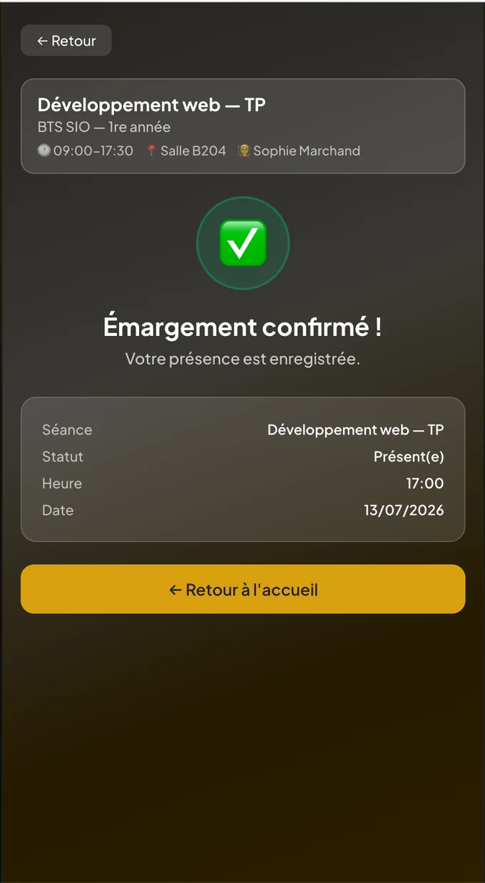 Application apprenant ScolaSign — émargement confirmé : présence enregistrée avec séance, statut, heure et date