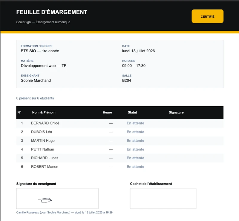Feuille d'émargement PDF générée par ScolaSign : formation, matière, enseignant, liste nominative des apprenants et signature de l'enseignant, certifiée et horodatée