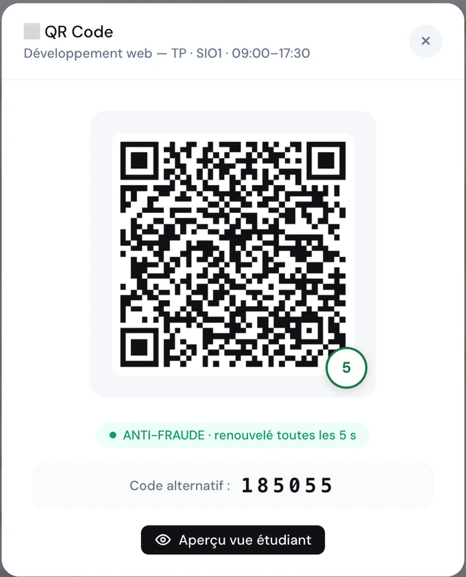 Console ScolaSign — QR code dynamique projeté : renouvelé toutes les 5 secondes, avec code alternatif à 6 chiffres