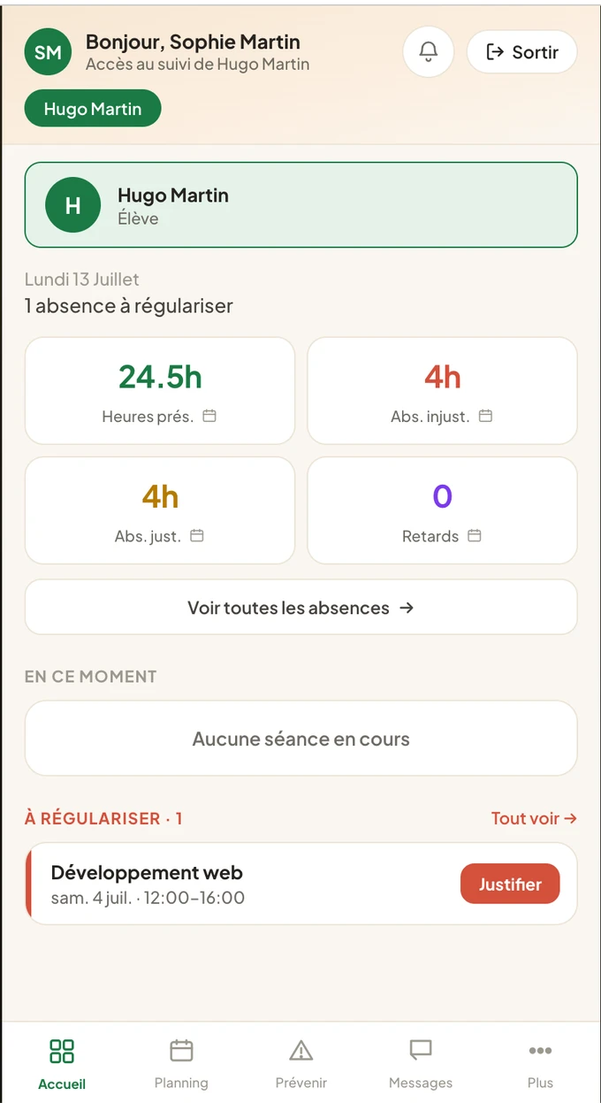 Application ScolaSign pour les référents légaux : tableau de bord d'assiduité de l'apprenant (présences, absences, retards) avec suivi autonome depuis le téléphone