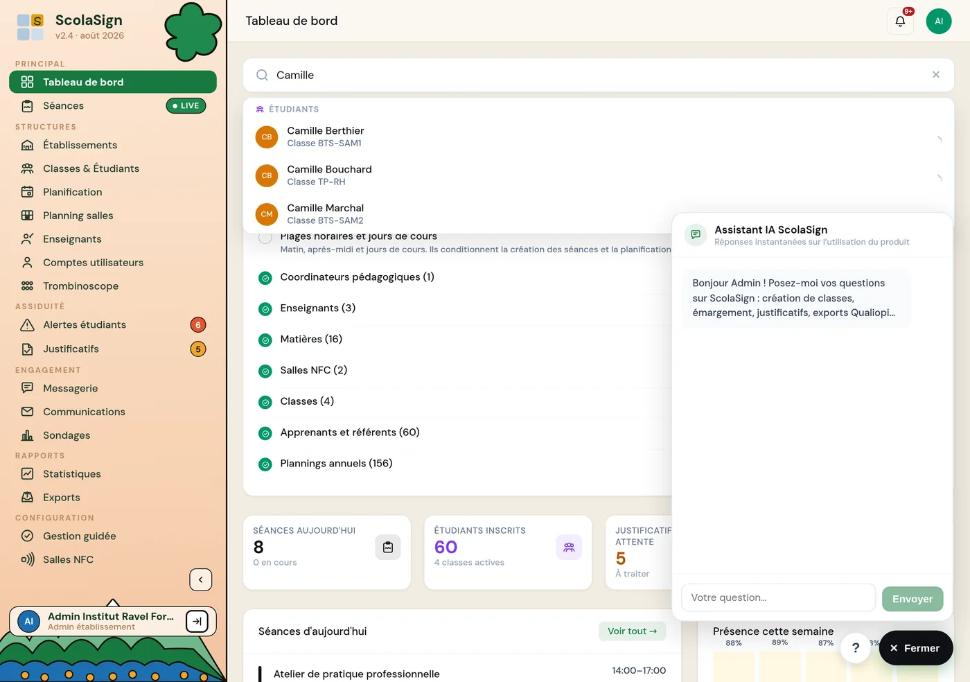 pastille « Assistant IA ScolaSign » ouverte en bas à droite, et la barre de recherche globale en haut avec quelques résultats.