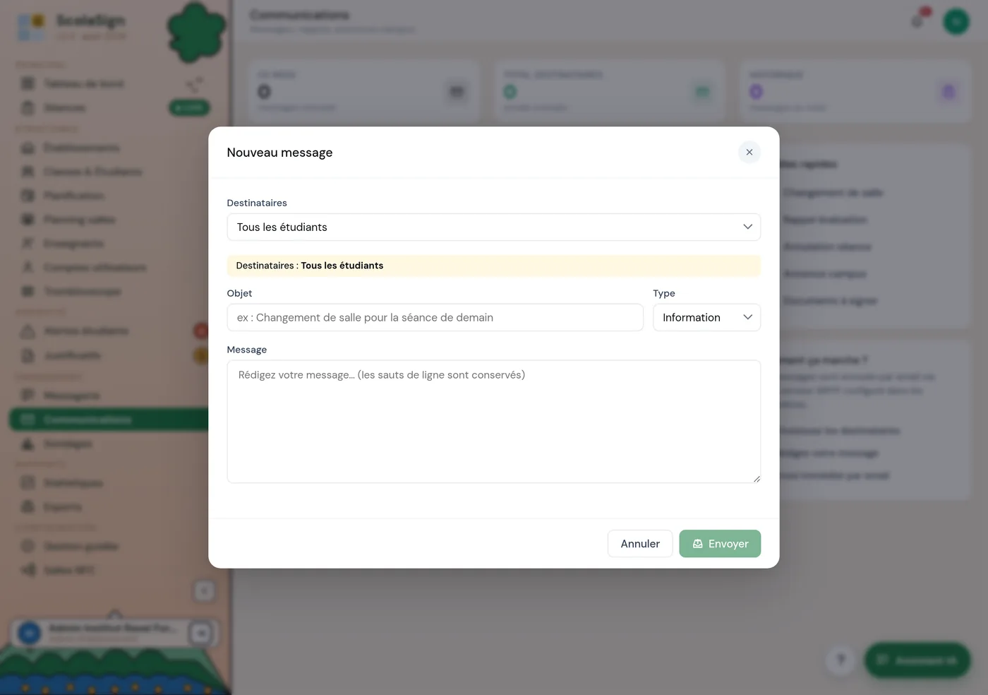 écran Communications, fenêtre de rédaction avec le choix du destinataire (Tous les étudiants / Tous les enseignants / une classe) et l'historique en arrière-plan.