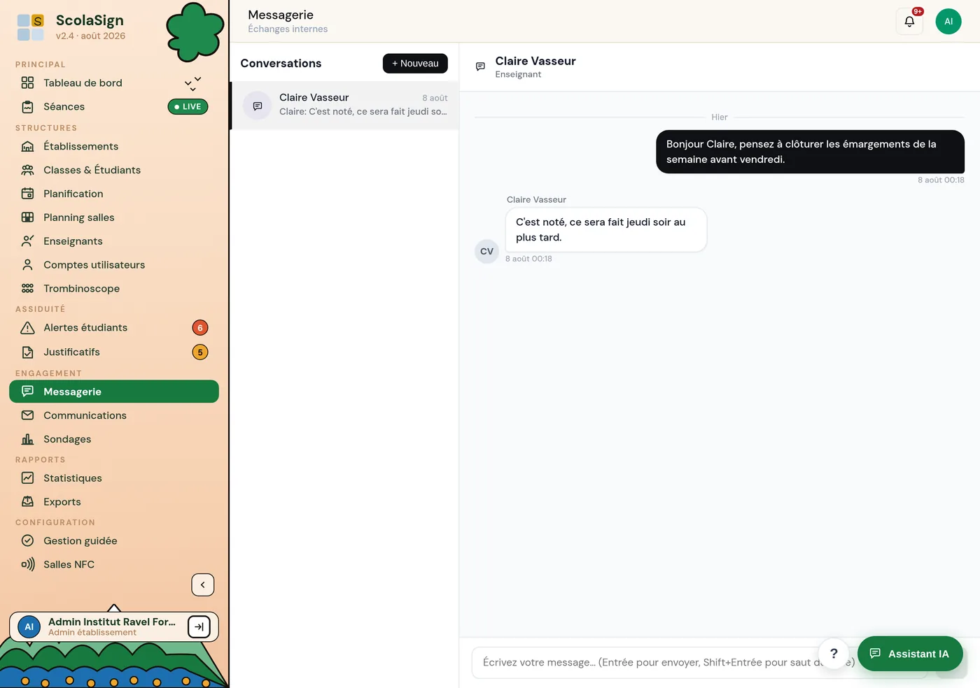 écran Messagerie, liste des conversations et fil d'une conversation ouverte.
