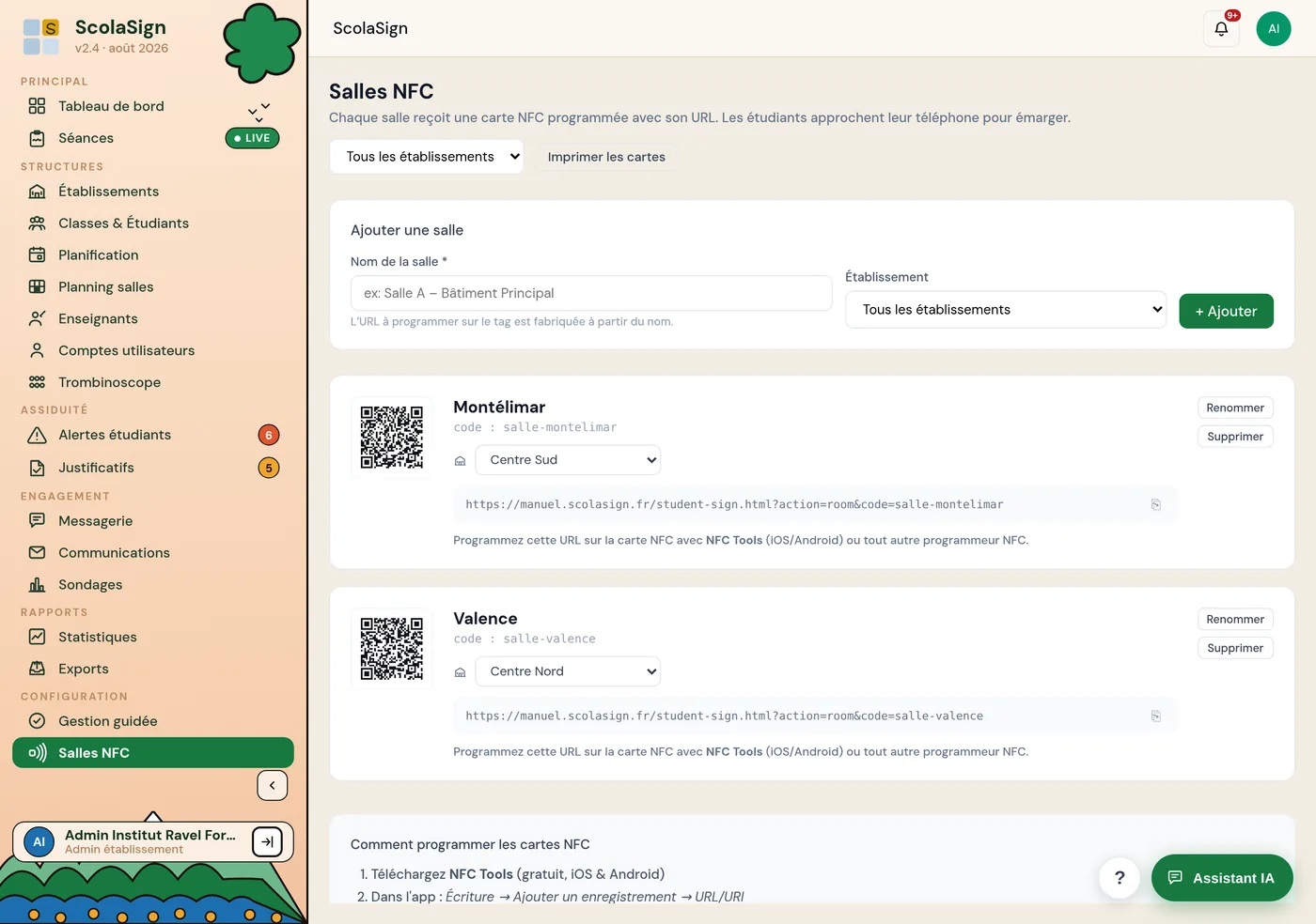 écran « Cartes NFC — Salles d'émargement », avec le bouton « Ajouter une salle » et la notice de programmation.