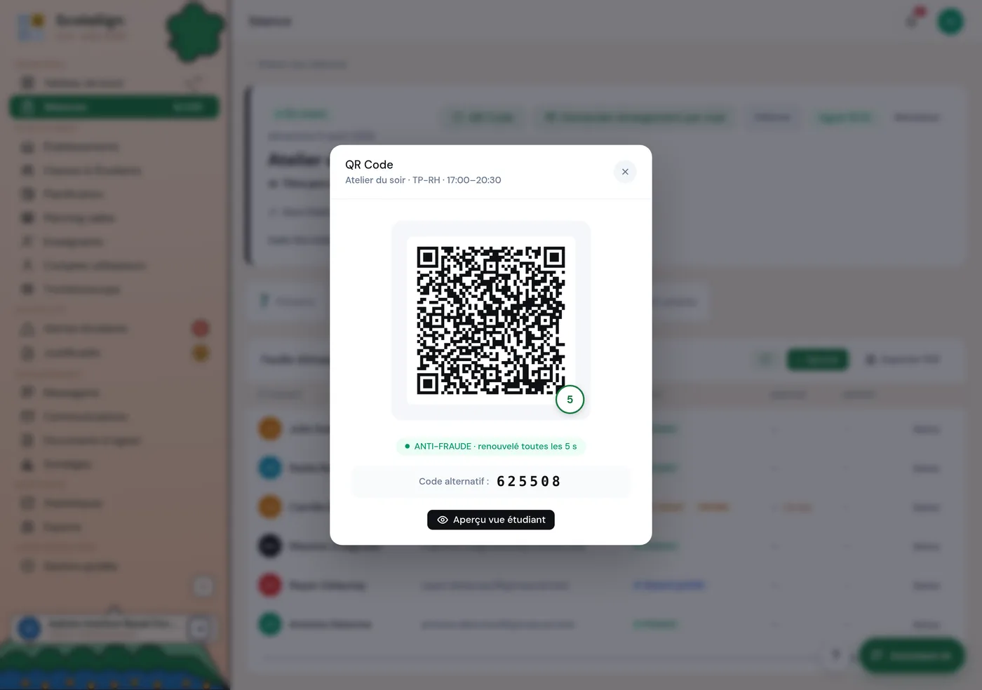 séance ouverte avec le QR d'émargement dynamique affiché en grand.