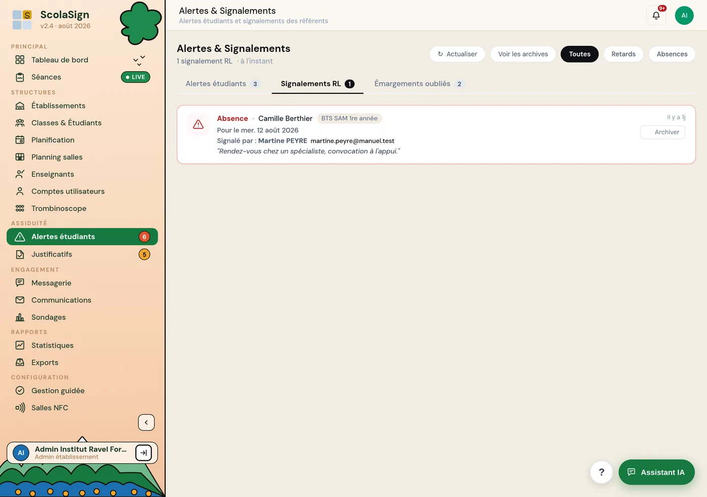 onglet des signalements des responsables légaux dans l'écran Alertes étudiants.