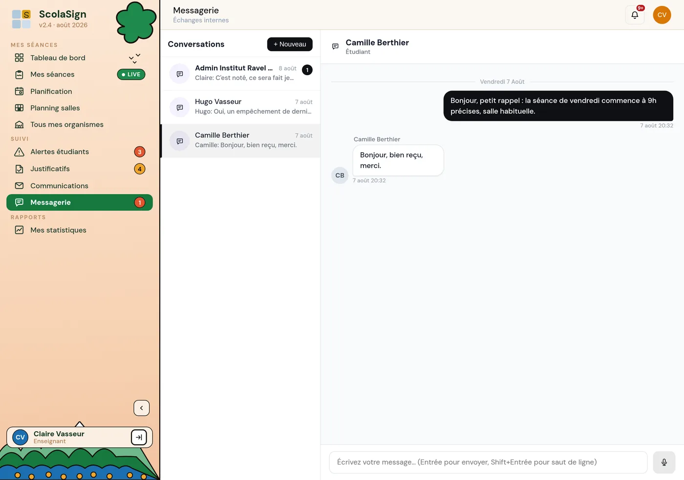 l'écran Messagerie, liste des conversations à gauche et fil de discussion à droite.