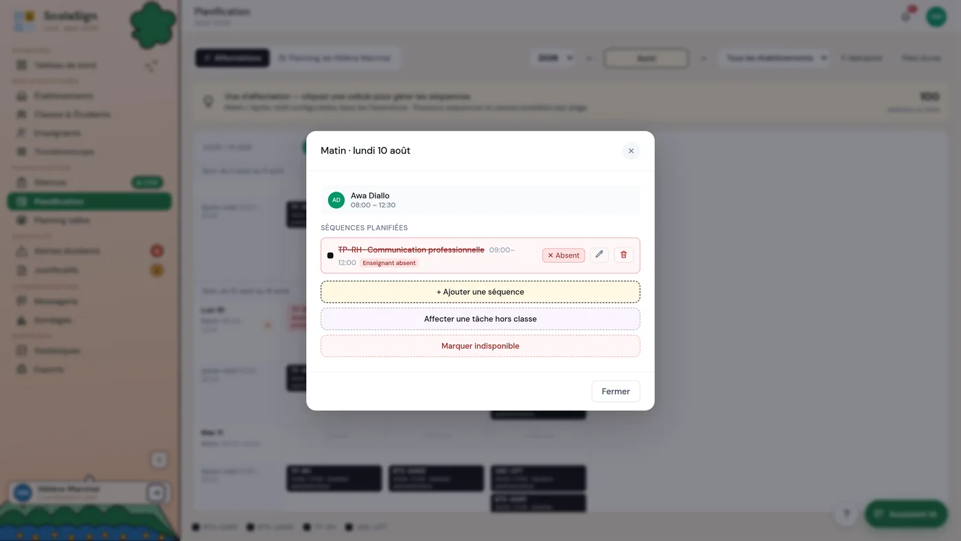 l'action « Déclarer le formateur absent » sur une séance.