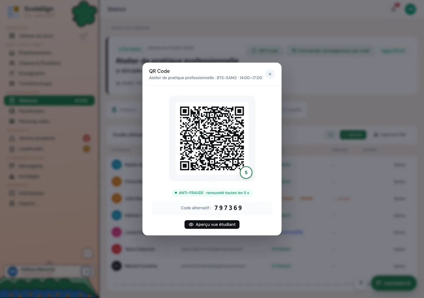la séance avec le bouton « QR Code » et le QR affiché en grand.