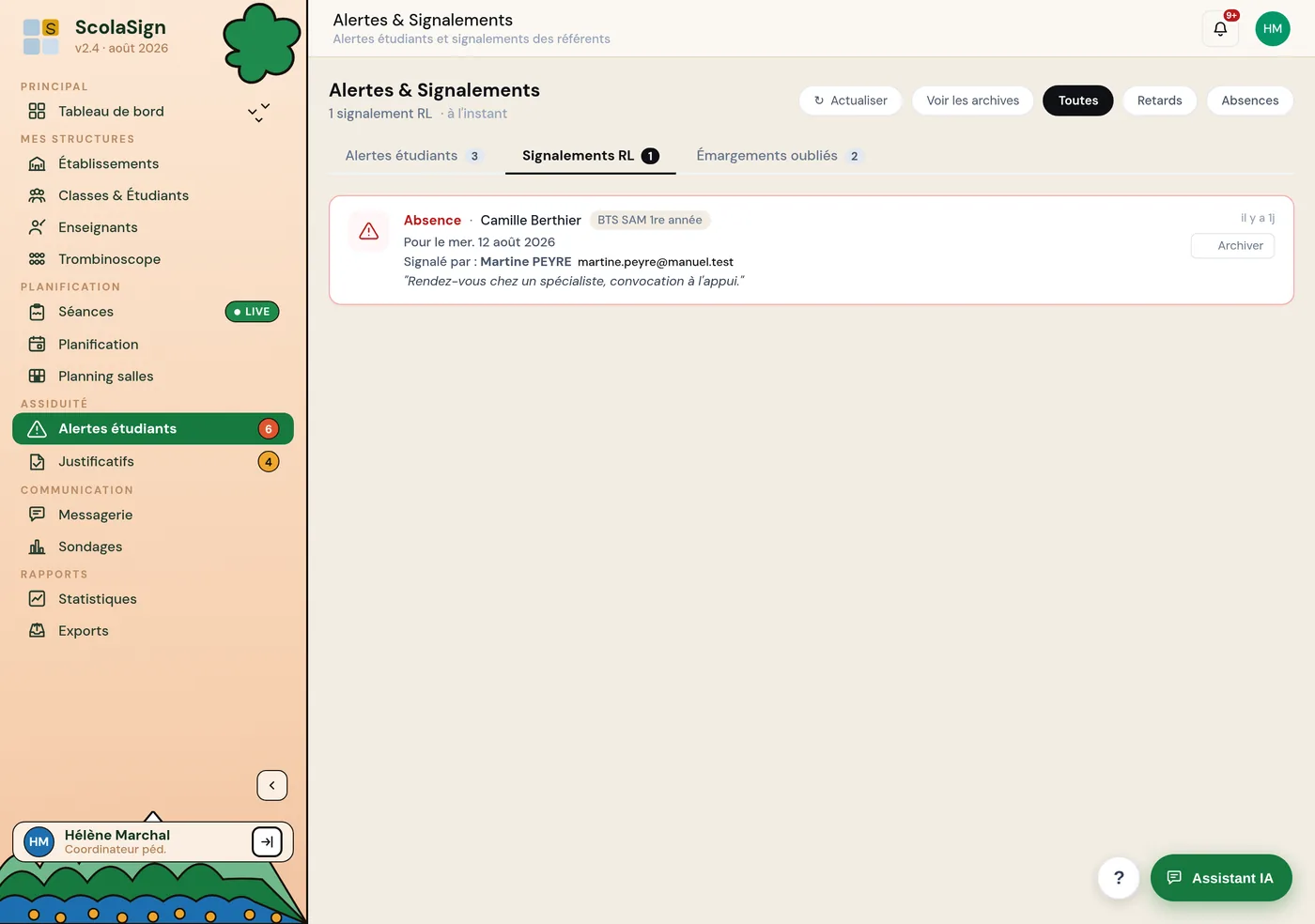 la liste des signalements d'absence déposés par les responsables légaux, avec l'action Archiver.