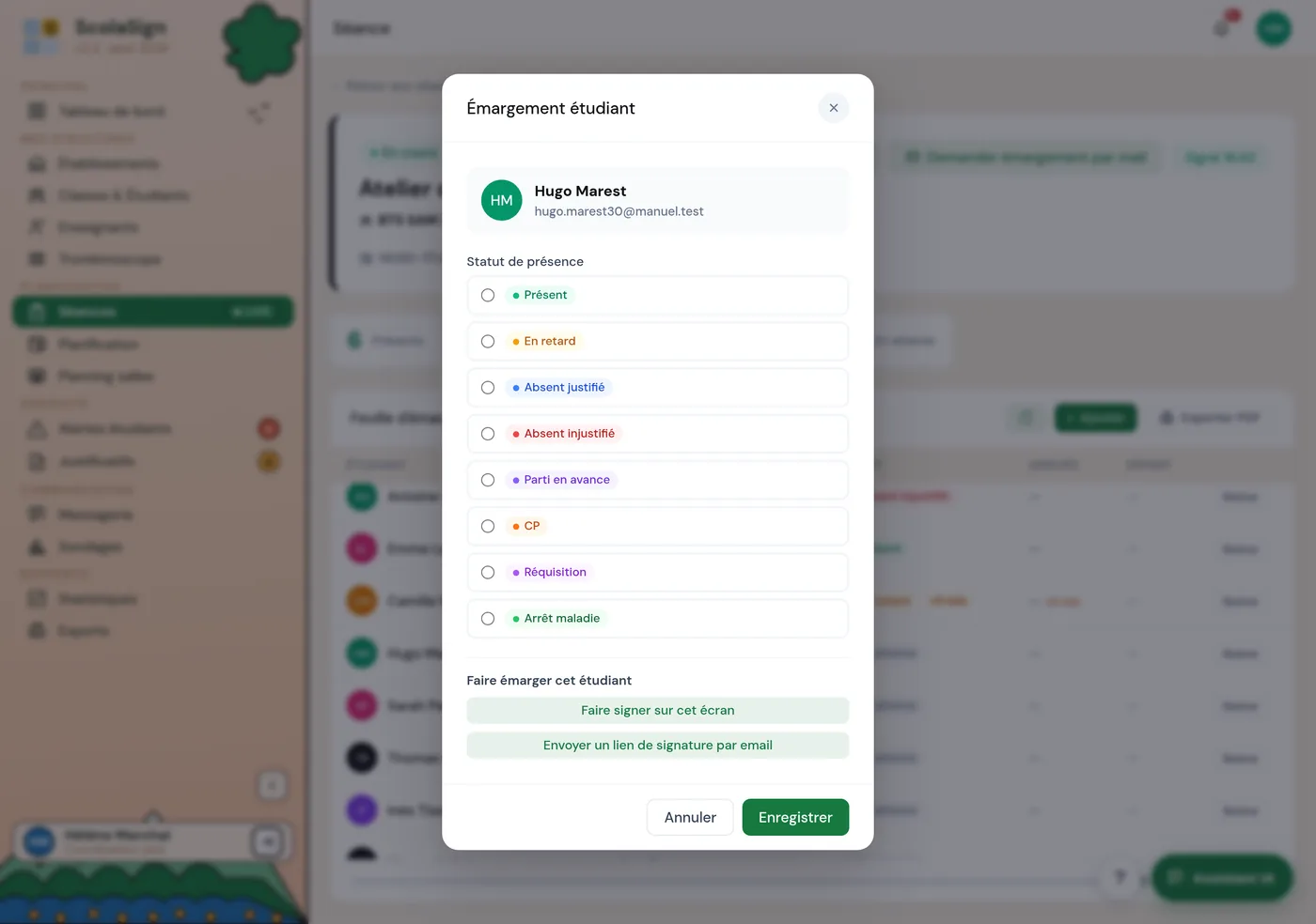 la fenêtre d'un étudiant dans une séance avec les boutons « Faire signer sur cet écran » et « Envoyer un lien de signature par email ».