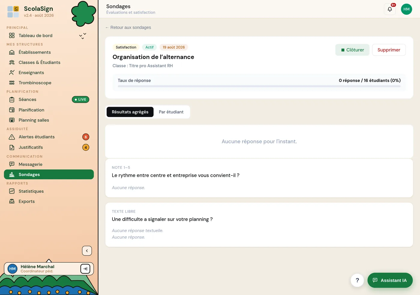 le menu Sondages avec la création d'un sondage et l'écran des résultats.