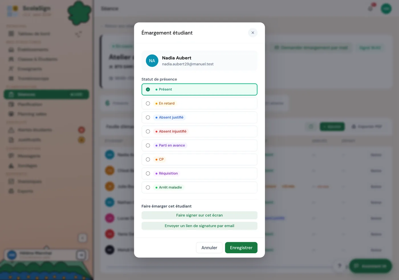 la modification du statut de présence d'un étudiant sur la feuille d'émargement.