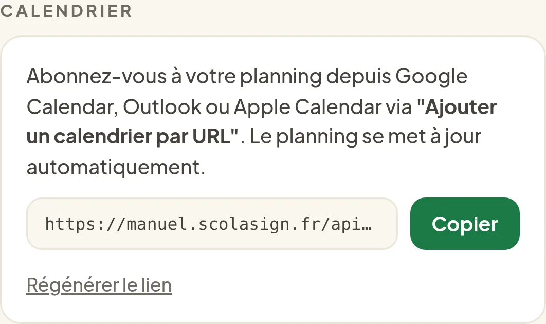 rubrique « Calendrier » du profil avec l'adresse d'abonnement et le bouton Copier.