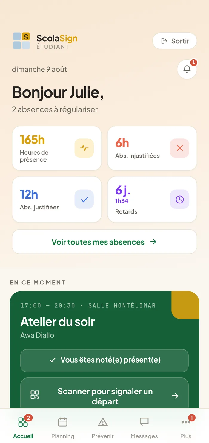 la carte de séance d'un apprenant déjà noté présent, avec le bouton «&nbsp;Scanner pour signaler un départ&nbsp;».