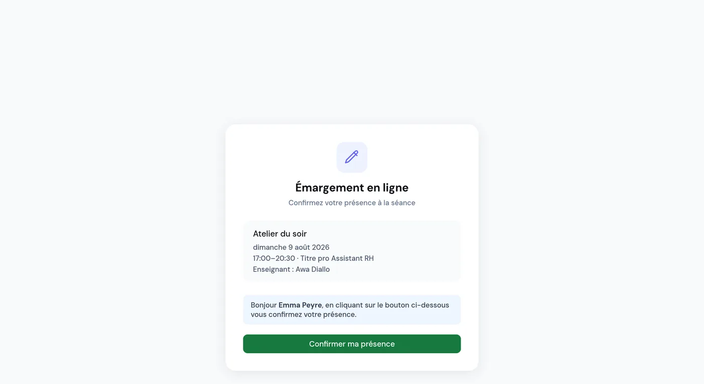 la page de signature ouverte depuis le lien reçu par e-mail, avec le rappel de la séance et le bouton «&nbsp;Confirmer ma présence&nbsp;».