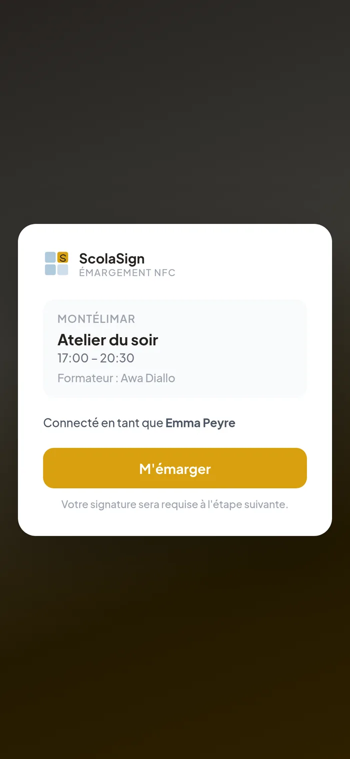 écran « Émargement NFC » avec le bouton M'émarger.