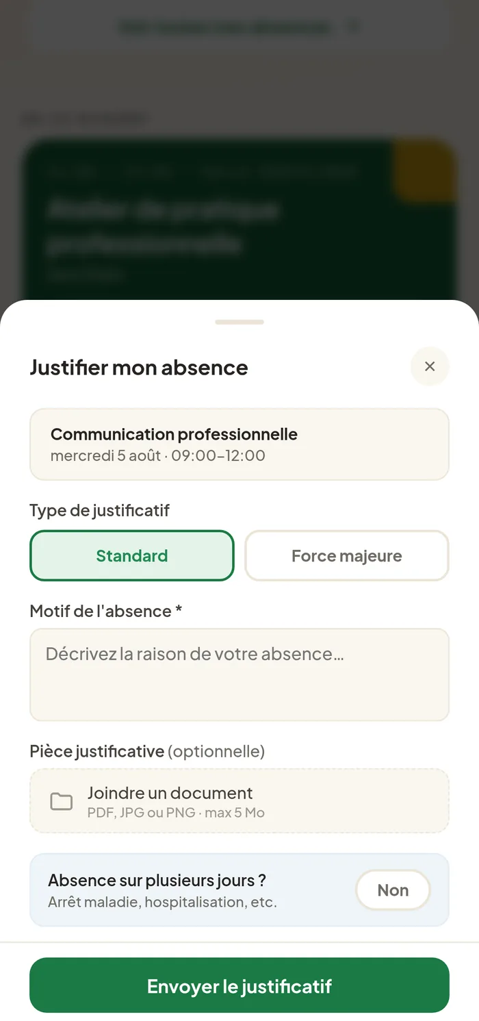 modale « Justifier mon absence » avec choix du motif, ajout de fichier et option « plusieurs jours ».