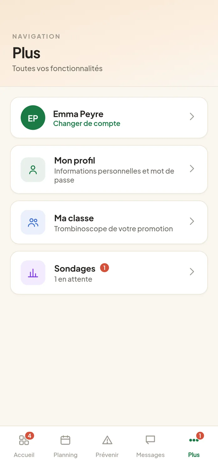 onglet Plus, carte du compte actif avec « Changer de compte ».