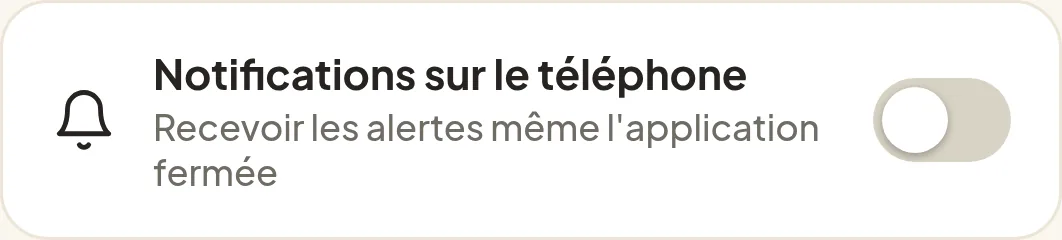 carte de réglage « Notifications sur le téléphone » avec l'interrupteur d'activation.