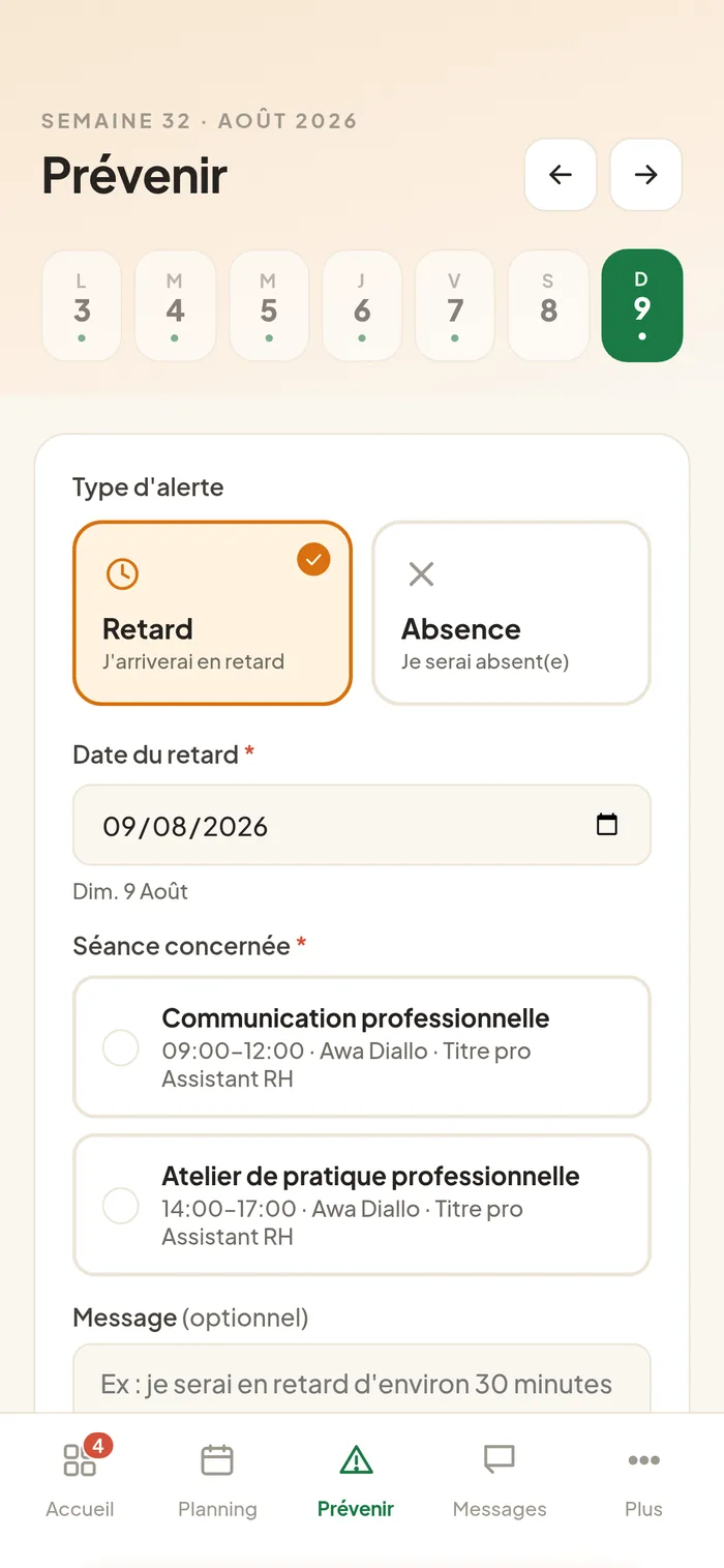 onglet Prévenir, choix Retard / Absence, sélecteur de date et champ de motif.
