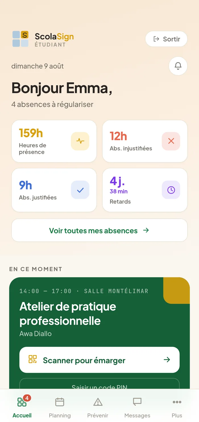 onglet Accueil, carte « En ce moment » avec une séance active (bouton d'émargement visible).