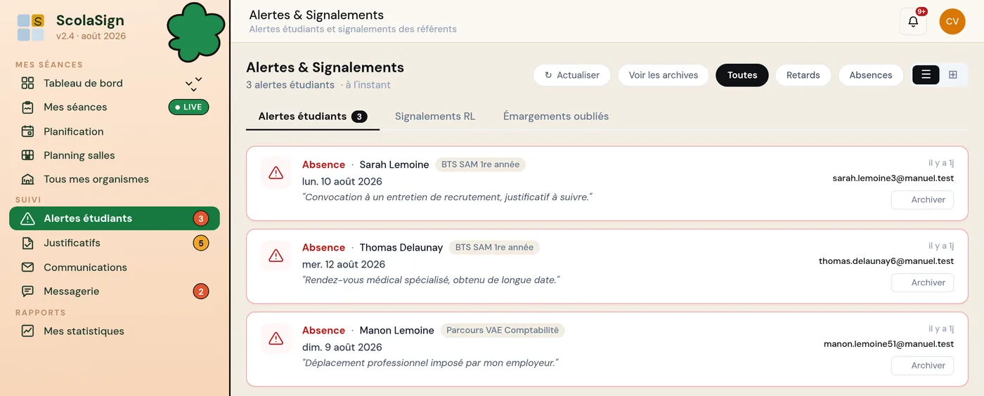 écran « Alertes &amp; Signalements » avec les onglets, les filtres Toutes / Retards / Absences et le bouton Archiver sur une alerte.