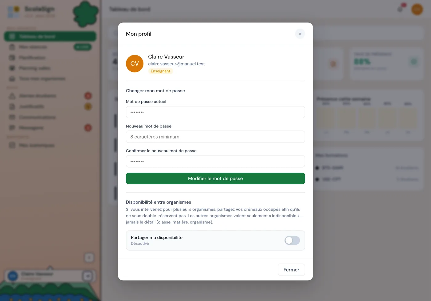 section « Disponibilité entre organismes » du profil, avec l'interrupteur « Partager ma disponibilité » et son état (Désactivé / En attente / Activé).