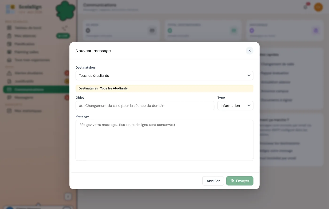 fenêtre « Nouveau message » des Communications, avec le choix des destinataires, le sélecteur de type et les modèles rapides.