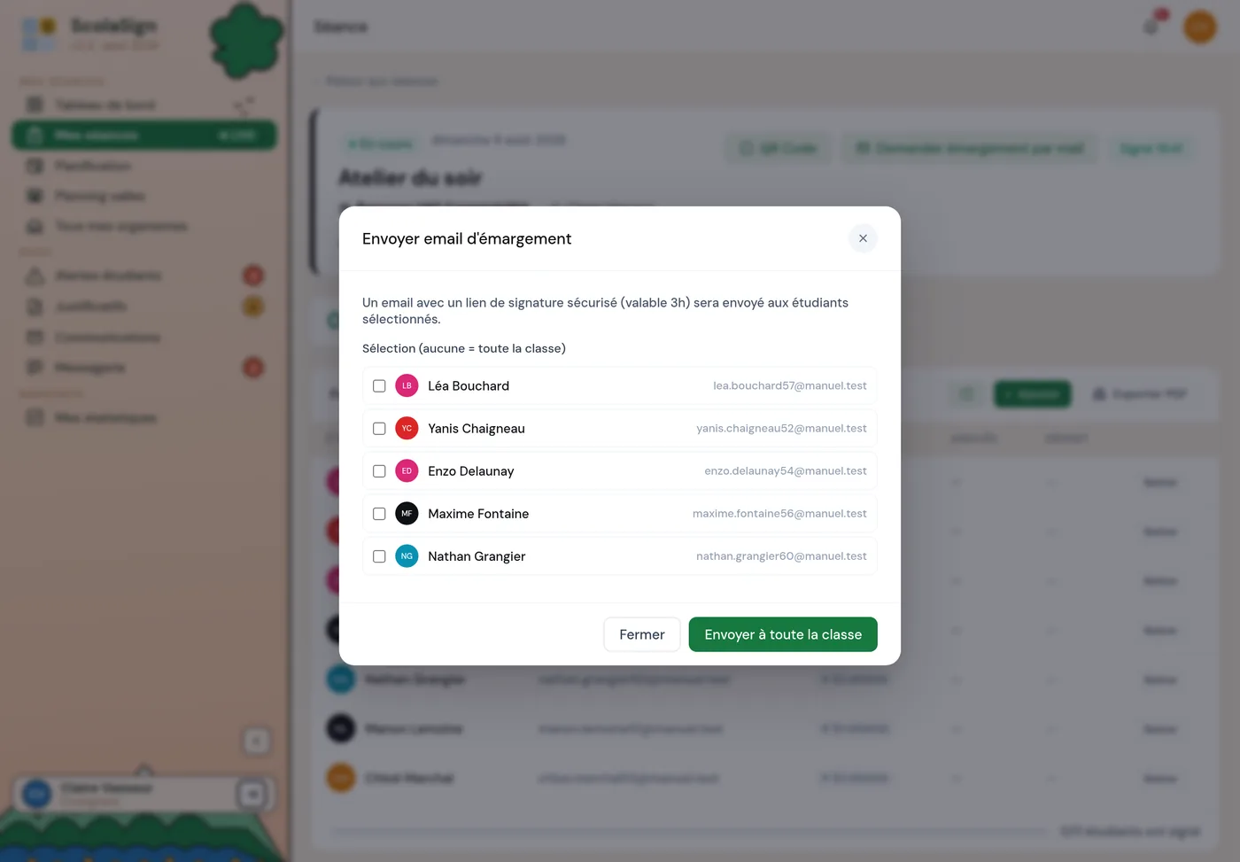 fenêtre « Demander émargement par mail » avec la sélection des destinataires et le bouton « Envoyer à toute la classe ».