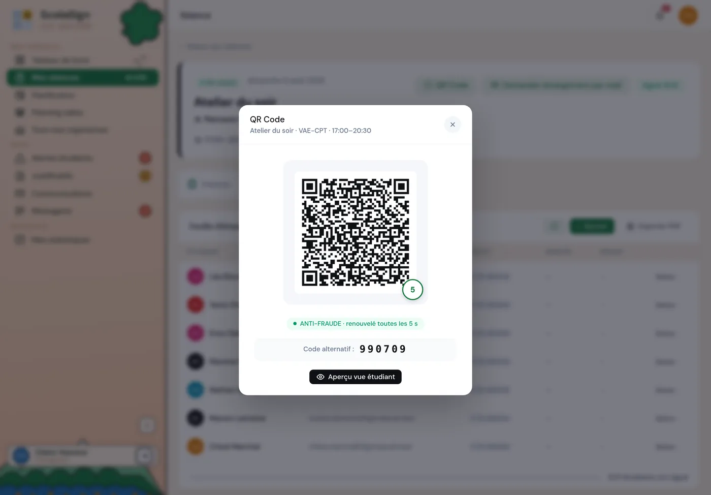 fenêtre « QR Code » ouverte avec le QR d'émargement affiché en grand pour la classe.