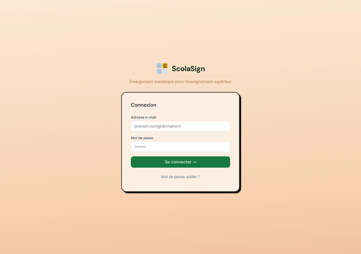 écran de connexion depuis scolasign.fr, avec les champs e-mail et mot de passe.