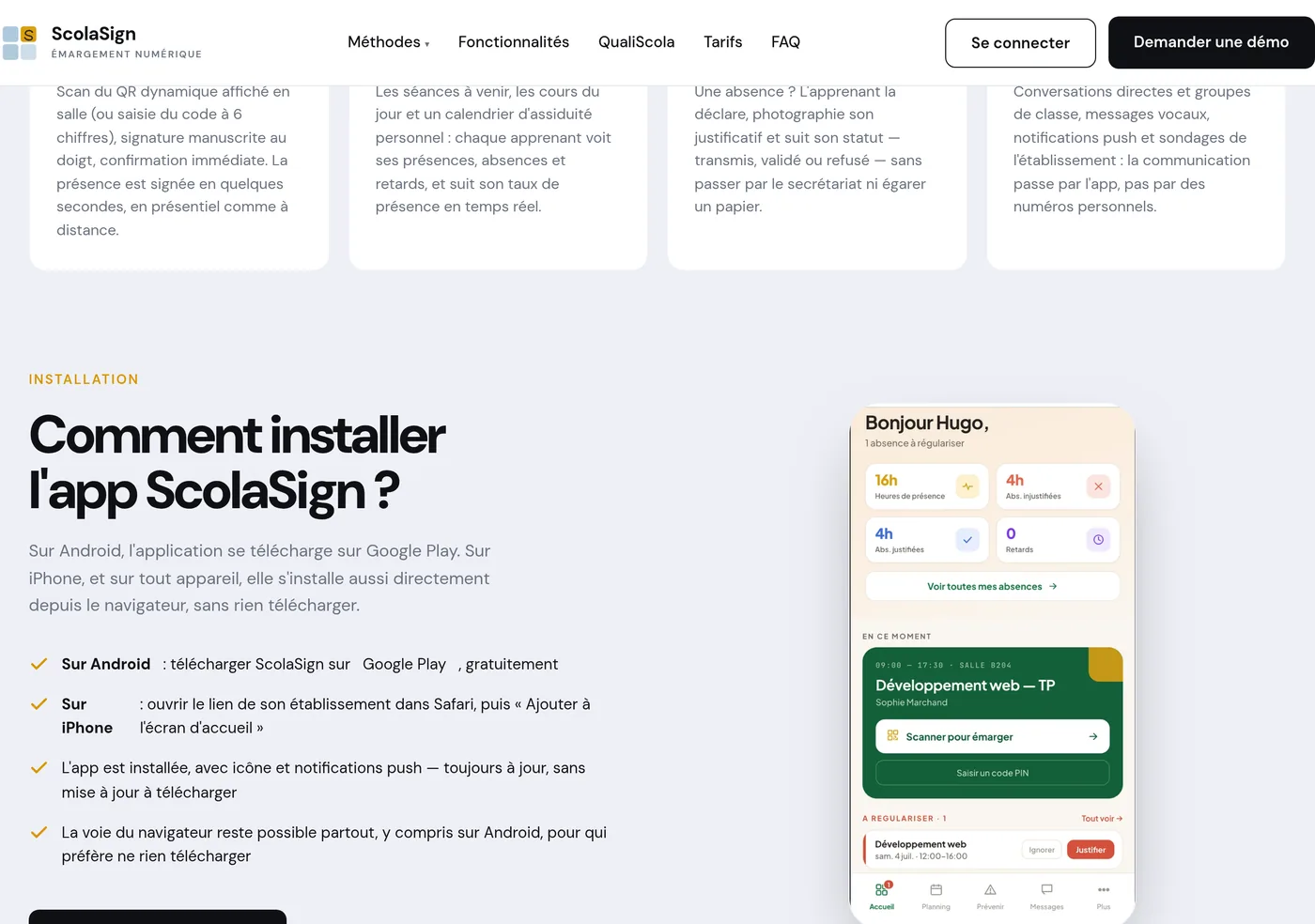 la section « Comment installer l'app ScolaSign ? », qui présente le téléchargement sur Google Play et l'installation depuis le navigateur.