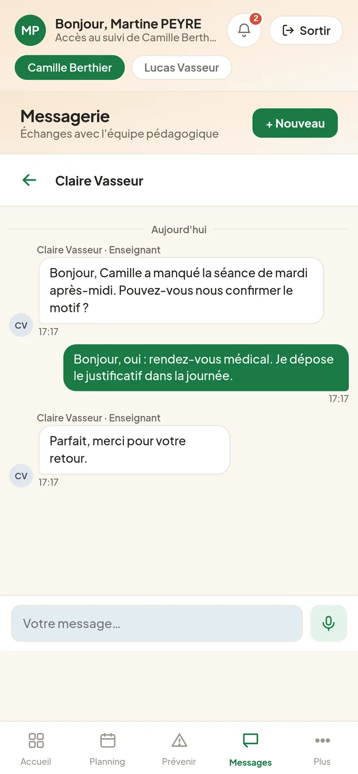 onglet Messages du Responsable légal, conversation avec l'équipe pédagogique.